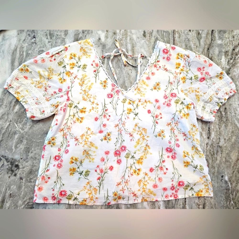 100% Cotton Floral White Tie-Back Blouse - Yellow & Pink